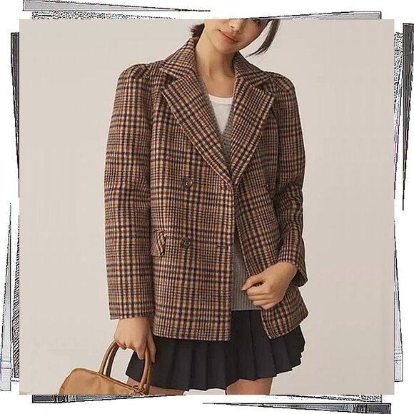 Browns & Red Plaid Puff Sleeve Wool Blend Jacket (S) by Maeve - Picture 2 of 5